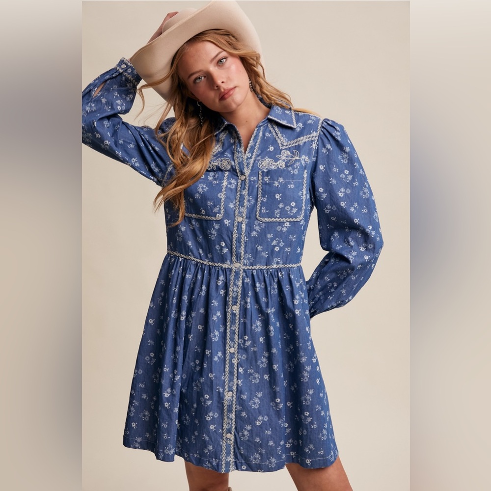 Embroidered Western Floral Shirt Dress | Dark Denim - Picture 11 of 12
